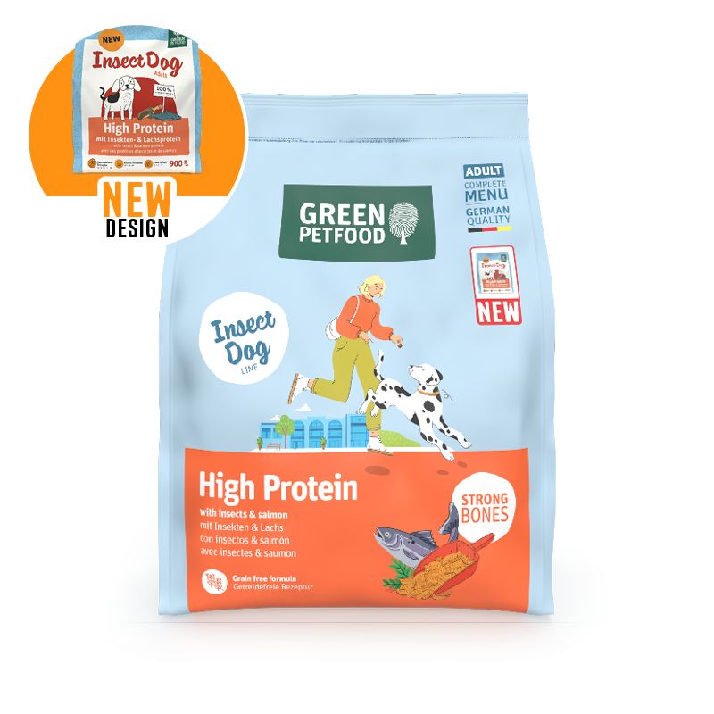 Green Petfood High Protein Hundefutter mit Insekten & Lachs, Beutel mit Hund und Läufer, neue Verpackung.