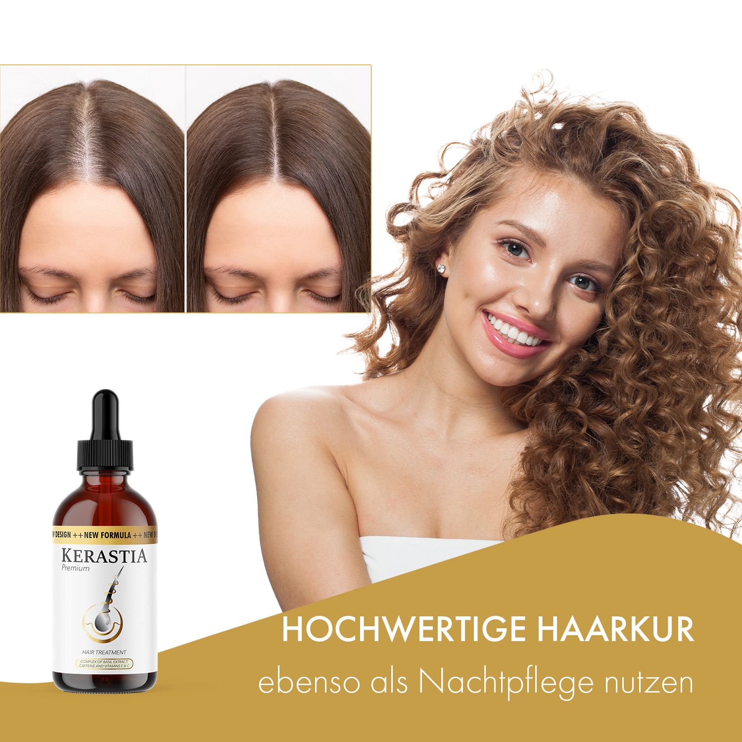 Frau mit lockigem Haar und Flasche. Aufschrift: KERASTIA Premium. Vorher-Nachher-Ansicht der Kopfhaut.