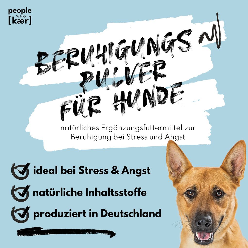 Blauer Hintergrund mit Text "Beruhigungspulver für Hunde". Text: "ideal bei Stress & Angst", "natürliche Inhaltsstoffe", "produziert in Deutschland". Hund.