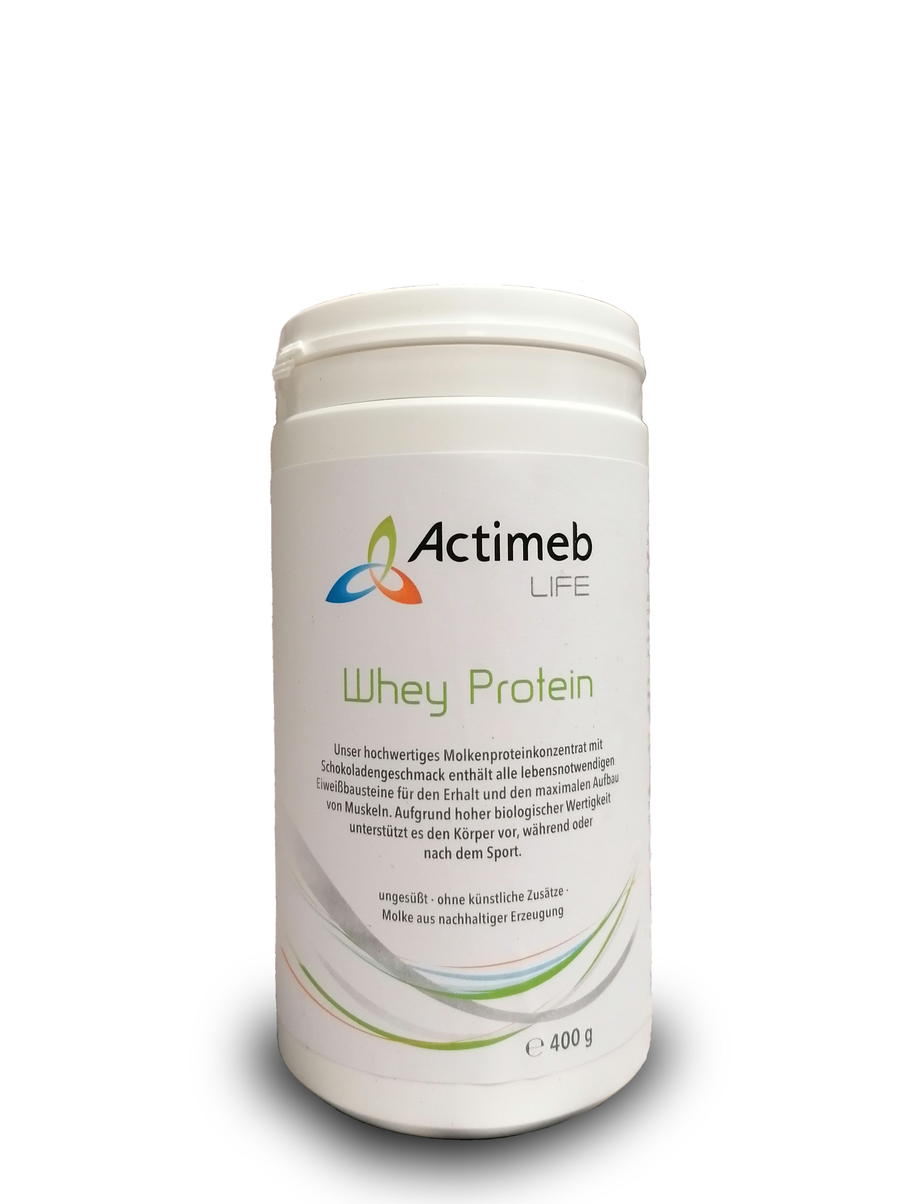 Actimeb Whey Protein-Behälter. Weißer Behälter mit Deckel. Aufschrift: Actimeb LIFE, Whey Protein. Enthält 400 g.