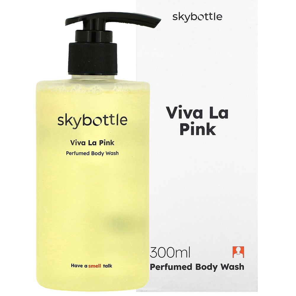 SKYBOTTLE Viva La Pink Duschgel-Flasche und Verpackung. Schwarzer Spender. Text: Viva La Pink, Perfumed Body Wash. Aufschrift: 300ml.
