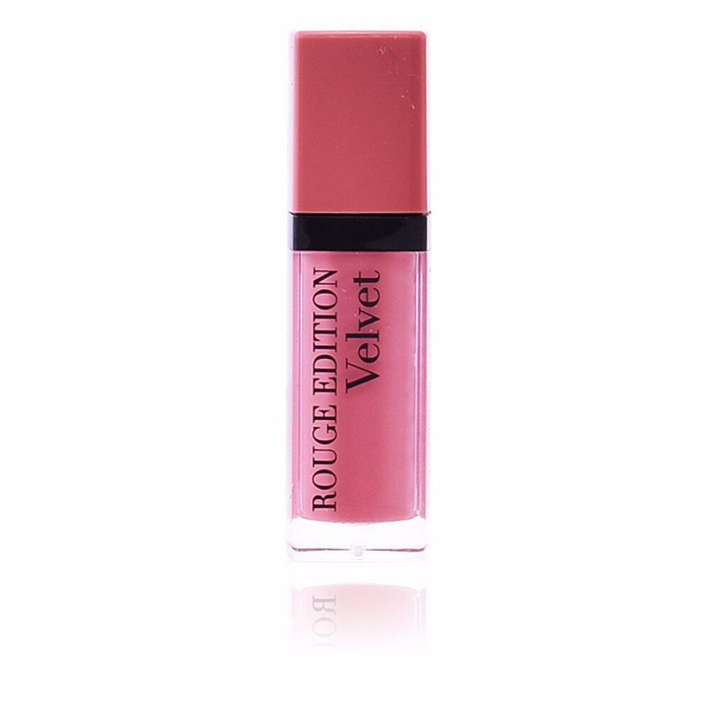 Lippenstift in rosa. Aufschrift: Rouge Edition Velvet. Transparente Hülle mit rosa Inhalt. Rosa Deckel.
