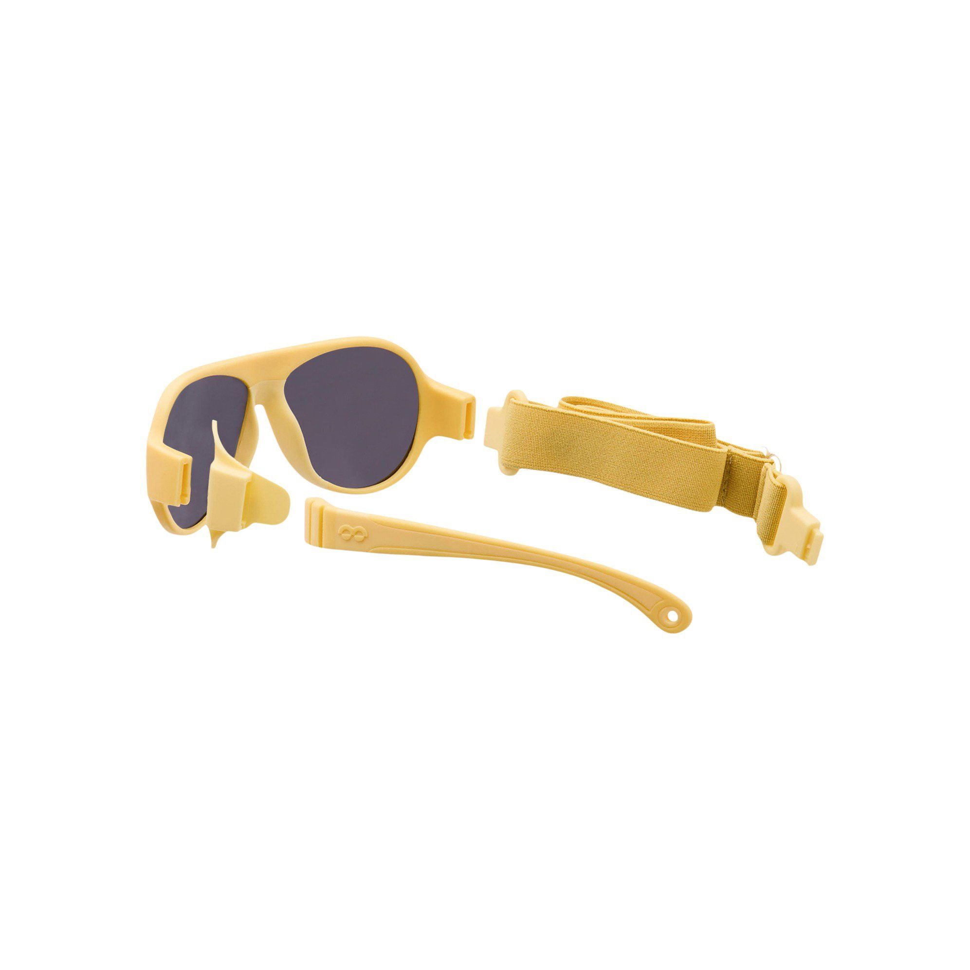 Gelbe Sonnenbrille mit abgenommenen Bügeln und Brillenband.