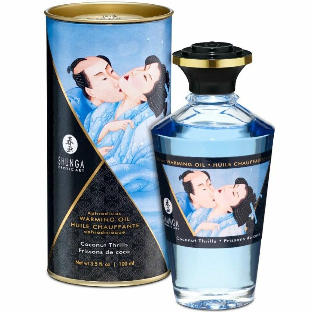 Cilindrische doos en fles met blauwe olie. Opschrift: Shunga, Warming Oil, Coconut Thrills.