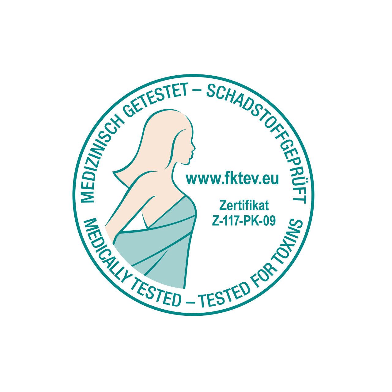 Rundes Logo: Medizinisch getestet, Schadstoffgeprüft. Frau Silhouette. Text: www.fktev.eu, Zertifikat Z-117-PK-09.