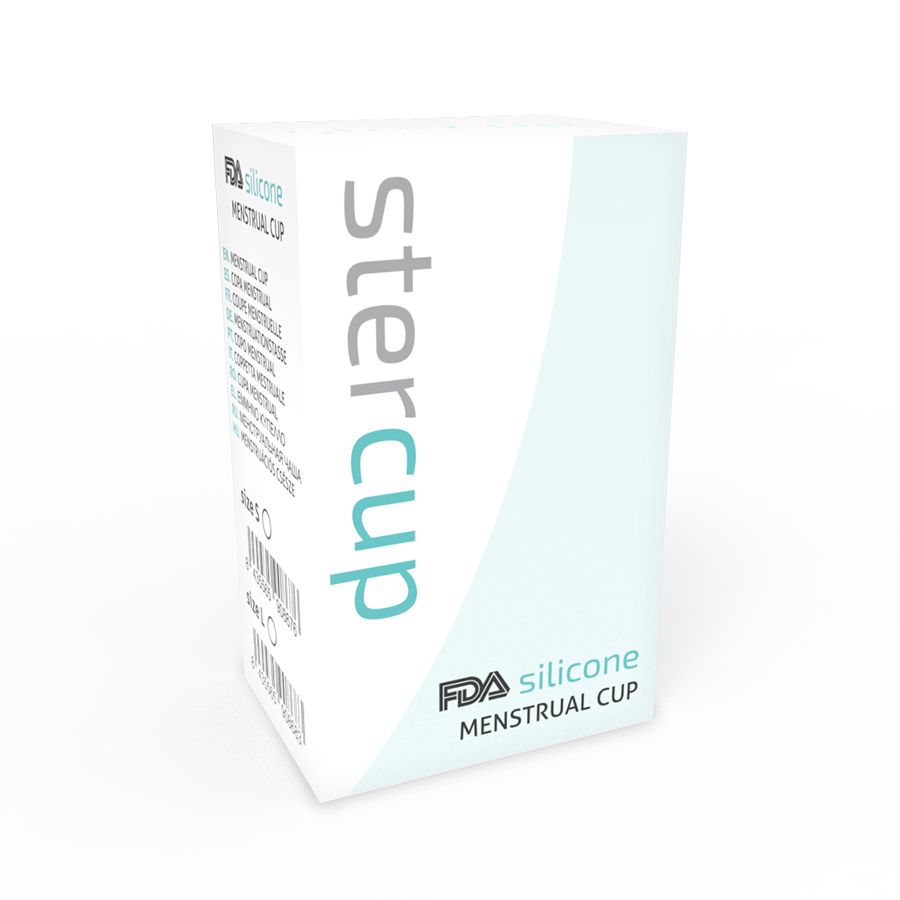Weiße Verpackung mit Aufschrift 'stercup' und 'FDA silicone MENSTRUAL CUP'.
