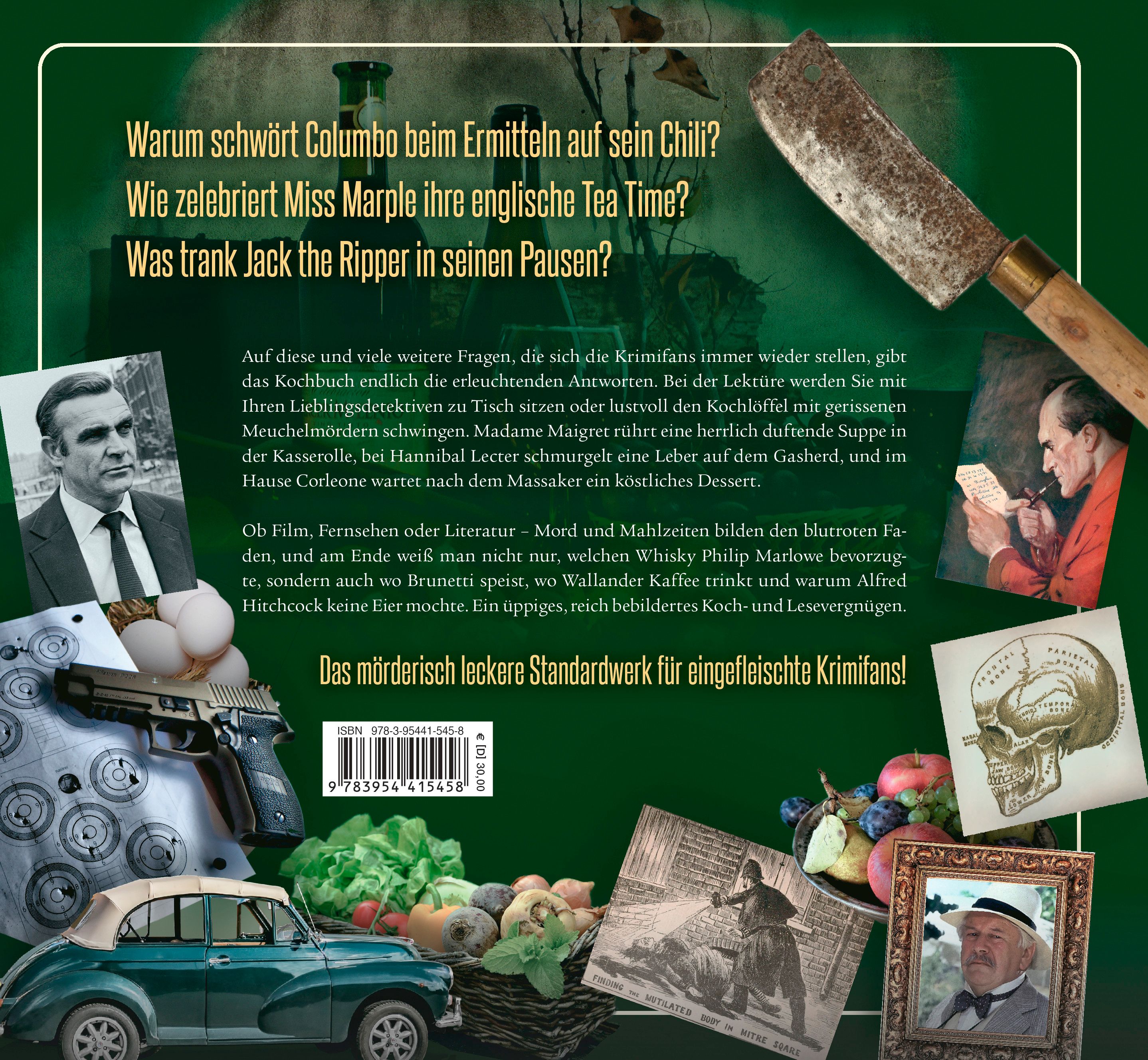 Rückseite des Kochbuchs "Das kriminelle Kochbuch". Text, Illustrationen: Pistole, Auto, Früchte, Zeichnungen.