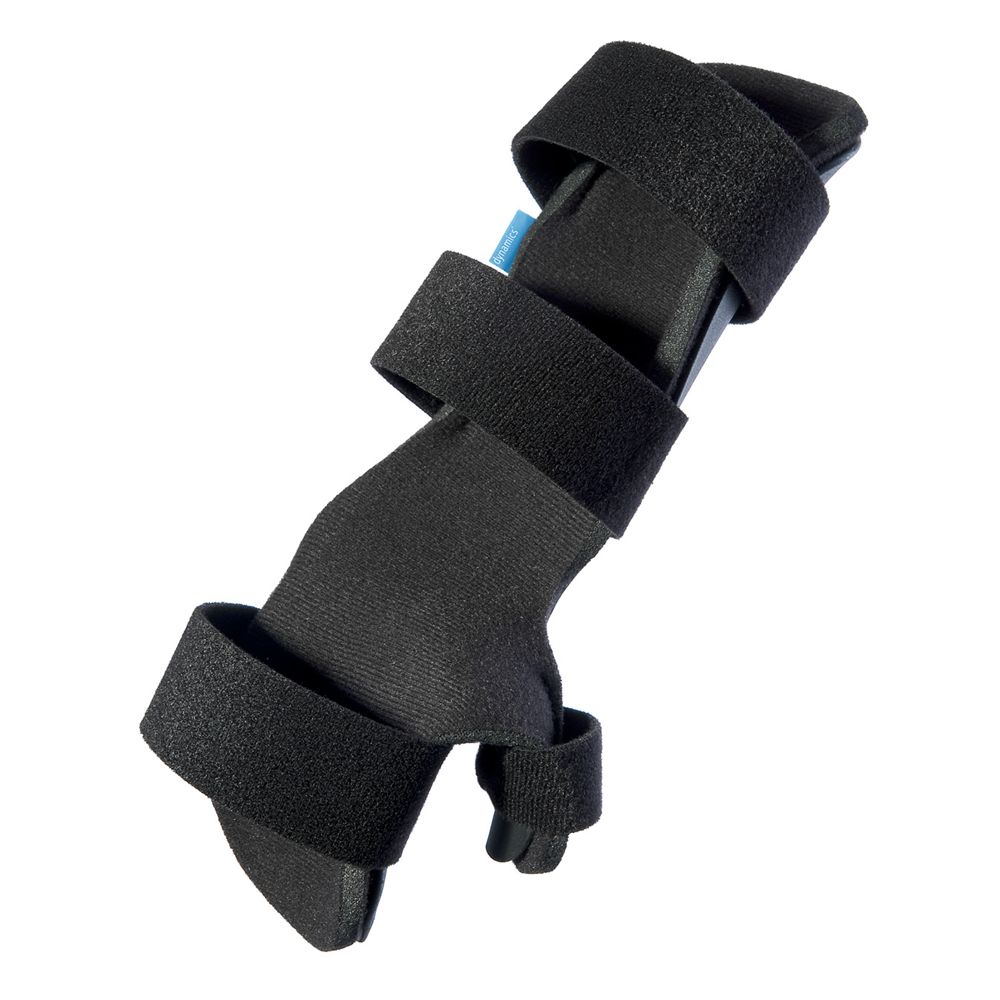 Schwarze Handgelenkorthese mit Klettverschlüssen zur Stabilisierung.