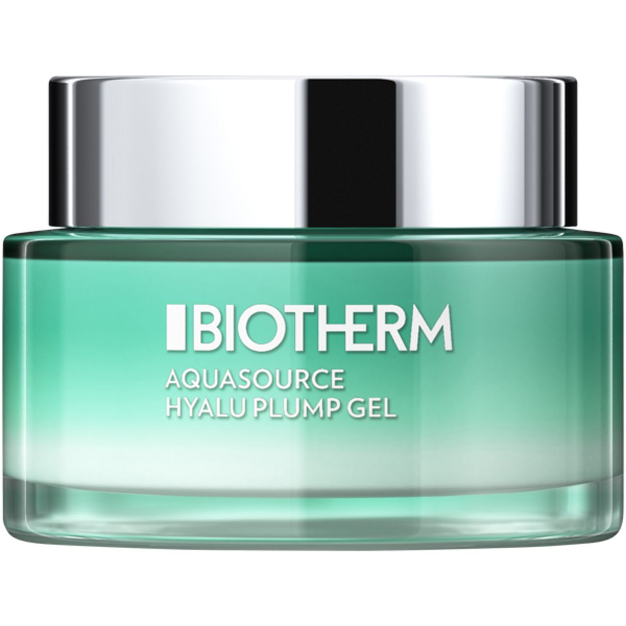 Glasbehälter mit silbernem Deckel. Aufschrift: BIOTHERM, AQUASOURCE HYALU PLUMP GEL.