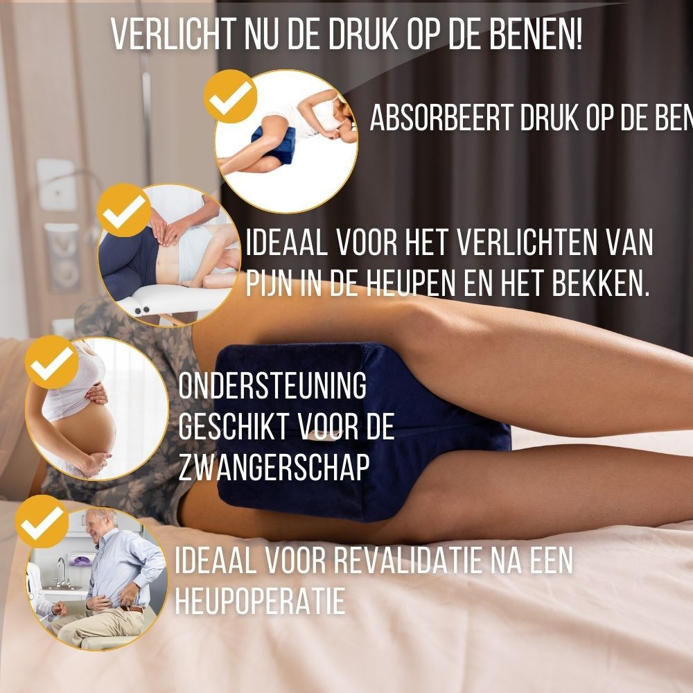 Diagram: voordelen van het kniekussen. Verlicht pijn, ondersteunt zwangerschap, ideaal na heupoperatie.