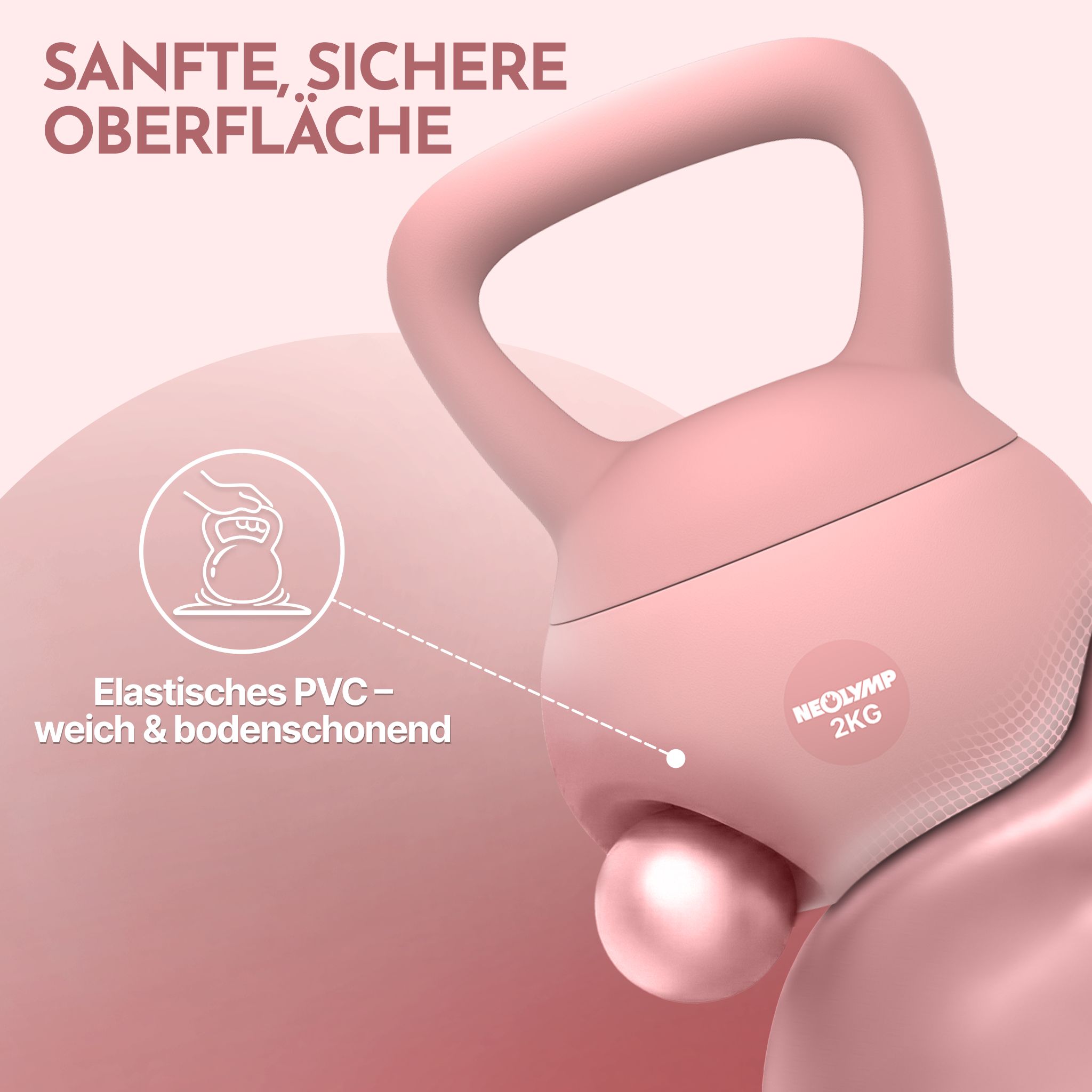 Rosa Kettlebell mit weicher, bodenschonender Oberfläche aus elastischem PVC.