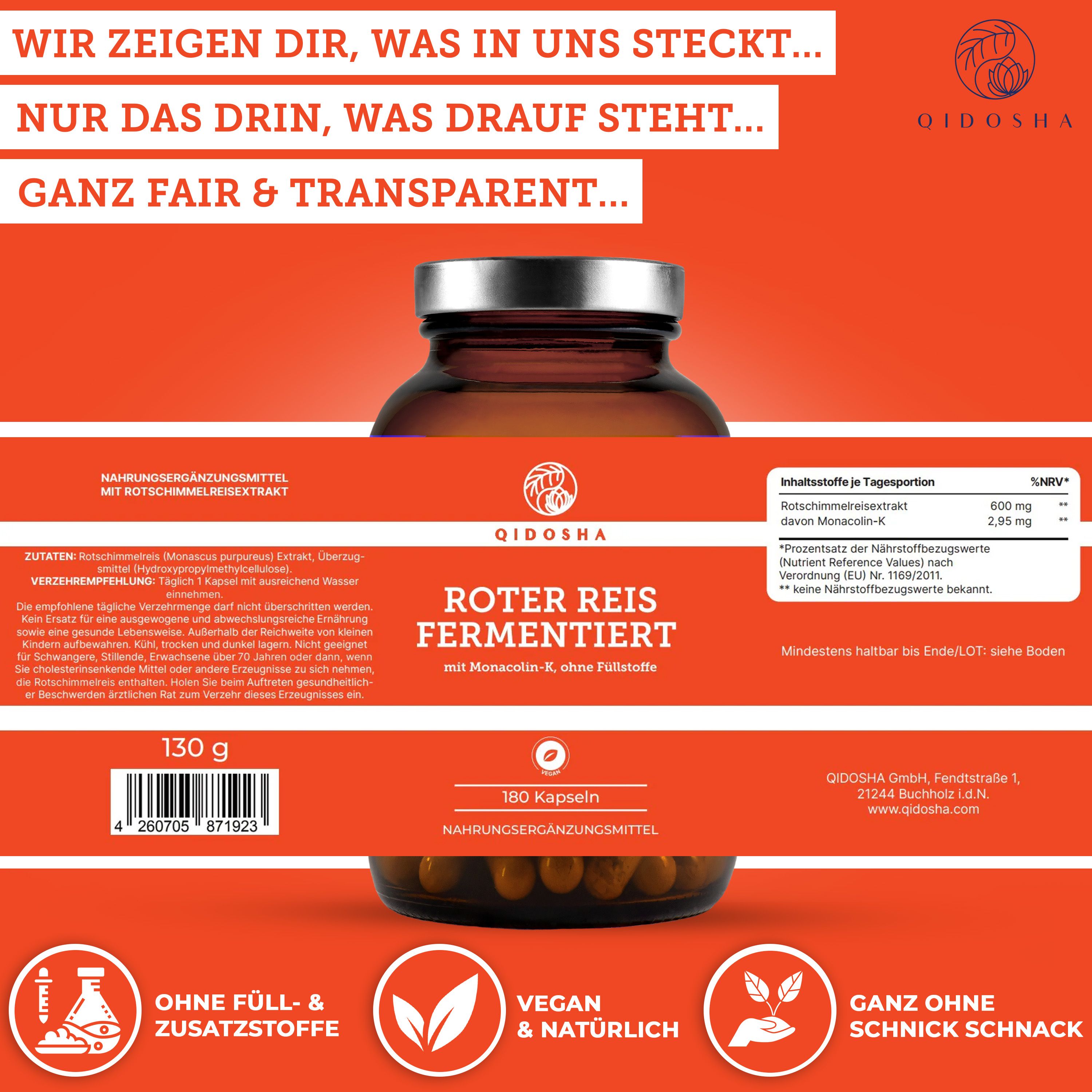 Rückseite einer Flasche Roter Reis. Text: 180 Kapseln. Zutatenliste. Informationen zur Tagesportion. Ohne Füll- und Zusatzstoffe. Vegan.