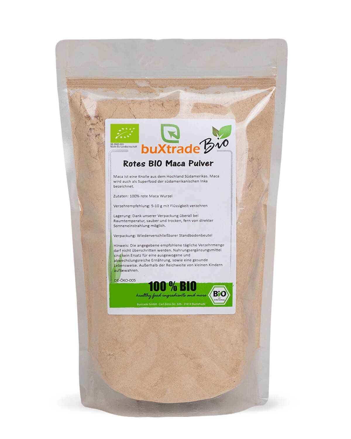 Bio Maca Pulver in einem Standbodenbeutel mit Etikett. Enthält Bio-Siegel und Produktinformationen.