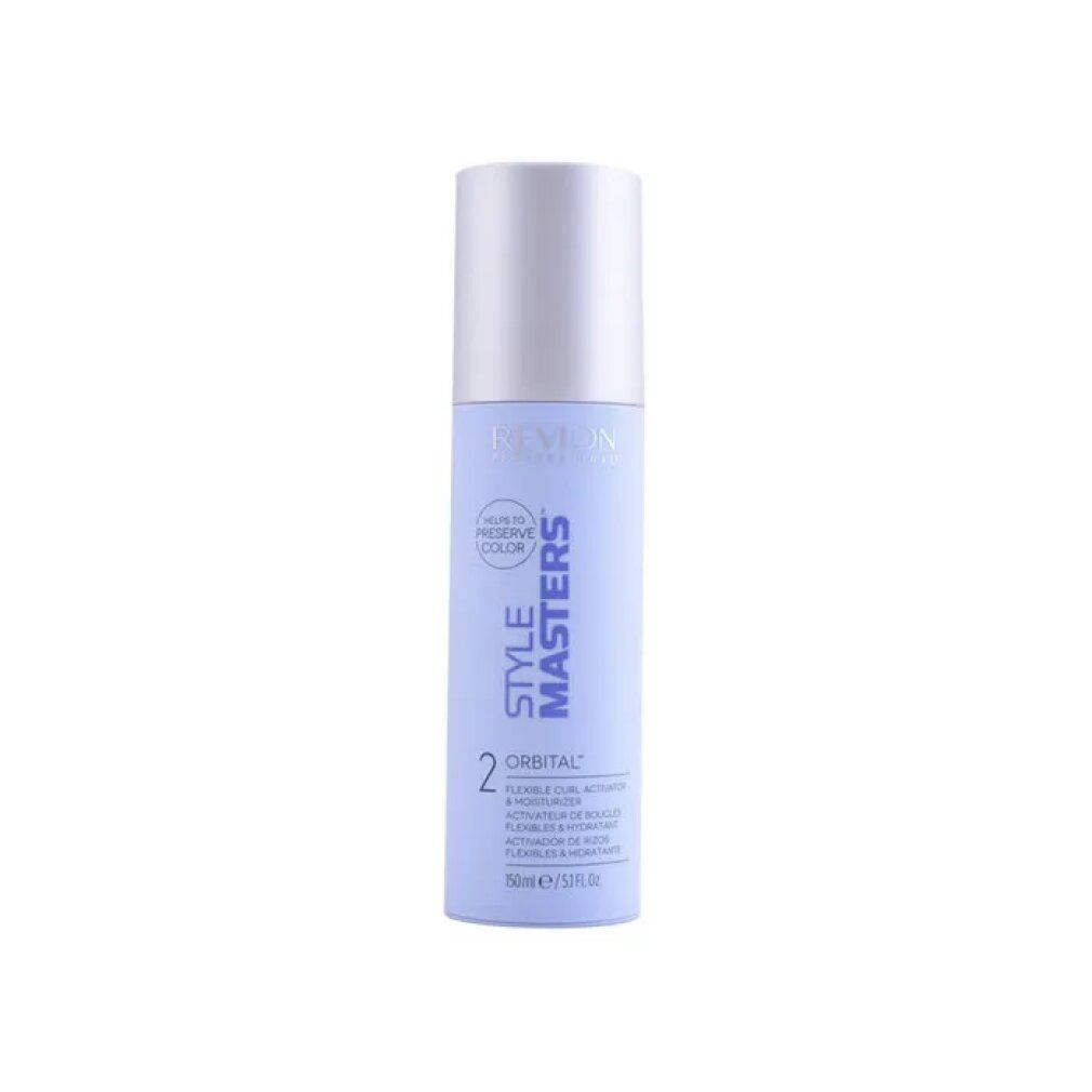 Revlon Style Masters 2 Orbital. Flexible Curl Activator & Moisturizer. Hellblaue Flasche mit silbernem Deckel. Produktbeschriftung.