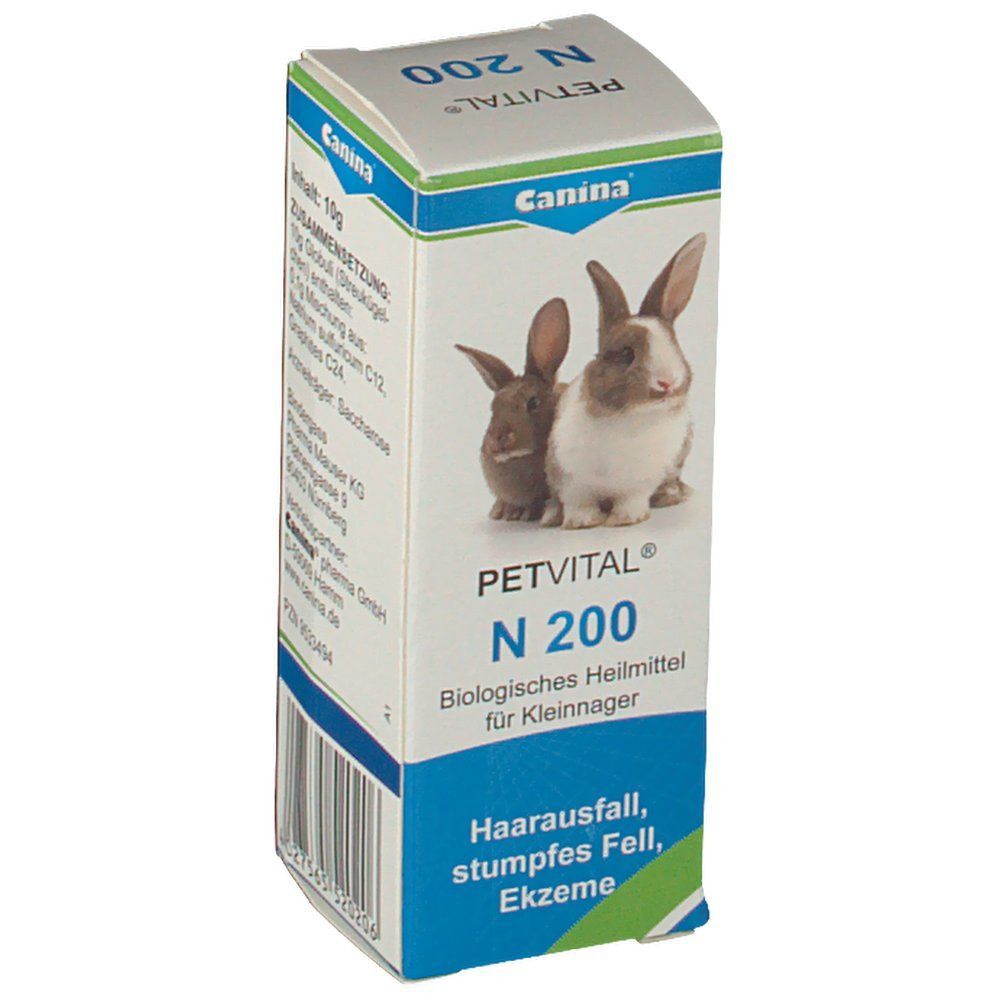 Karton mit PETVITAL N 200 Globuli. Aufdruck: Kaninchen, Produktname, Indikationen: Haarausfall, stumpfes Fell, Ekzeme.