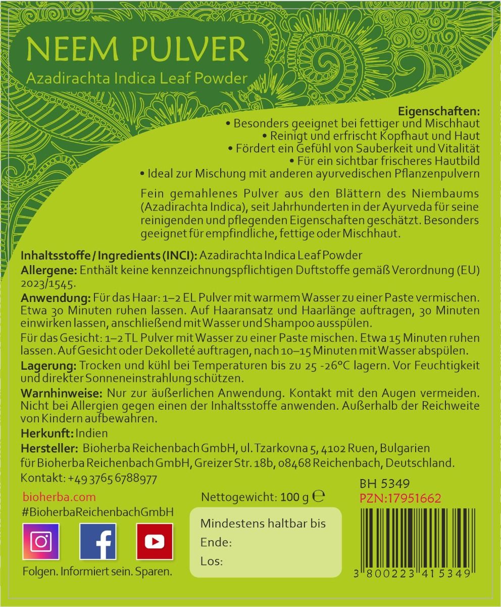 Rückseite des Etiketts mit Text in deutscher Sprache. Enthält Informationen zum Produkt, Inhaltsstoffe, Anwendung und Hersteller.