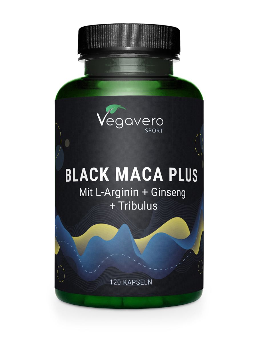 Grüne Flasche mit schwarzem Etikett. Aufschrift: Black Maca Plus, Mit L-Arginin + Ginseng + Tribulus. 120 Kapseln.