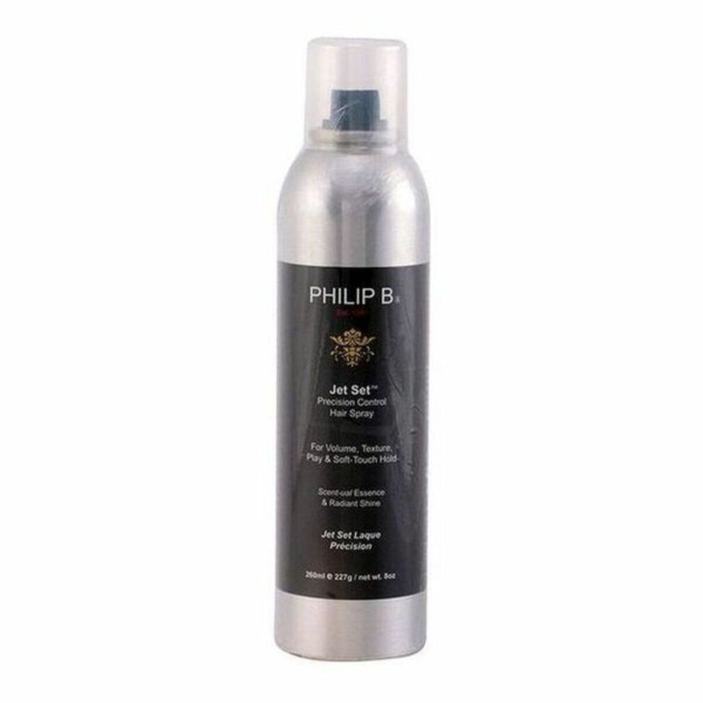 Philip B. Jet Set Precision Control Haarspray, silberne Dose mit schwarzem Etikett, Nahaufnahme.