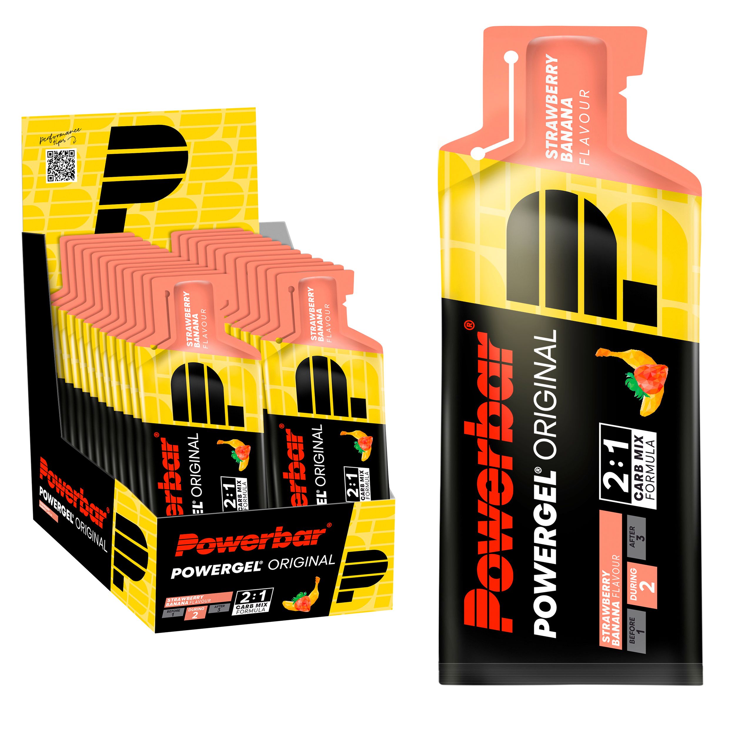 PowerGel-Verpackungen in einer Box und einzeln. Erdbeer-Banane-Geschmack. Gelb, schwarz und rosa. PowerBar-Logo.