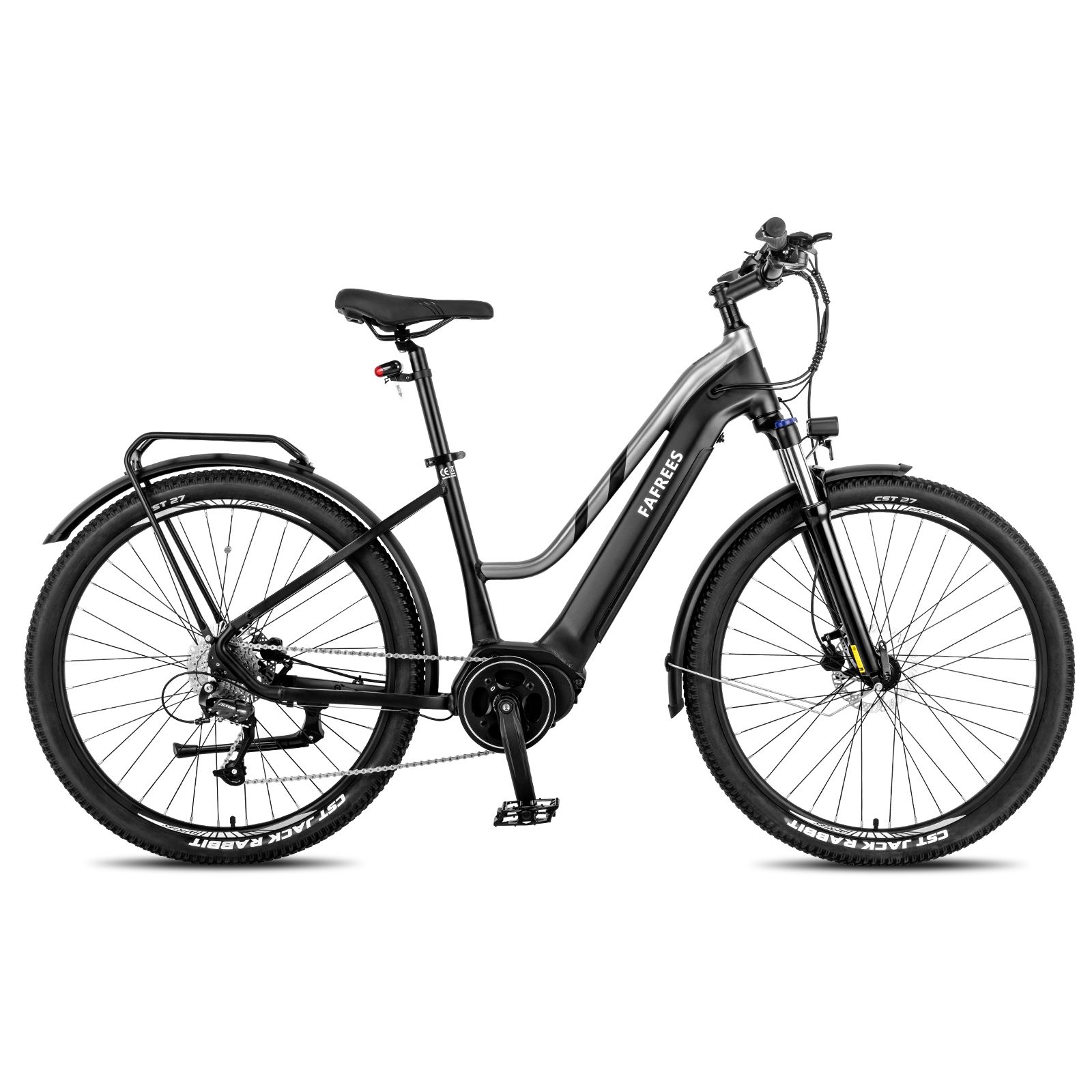 Schwarzes E-Bike mit Mittelmotor. FAFREES-Logo am Rahmen. Gepäckträger, Schutzbleche und schwarze Reifen.