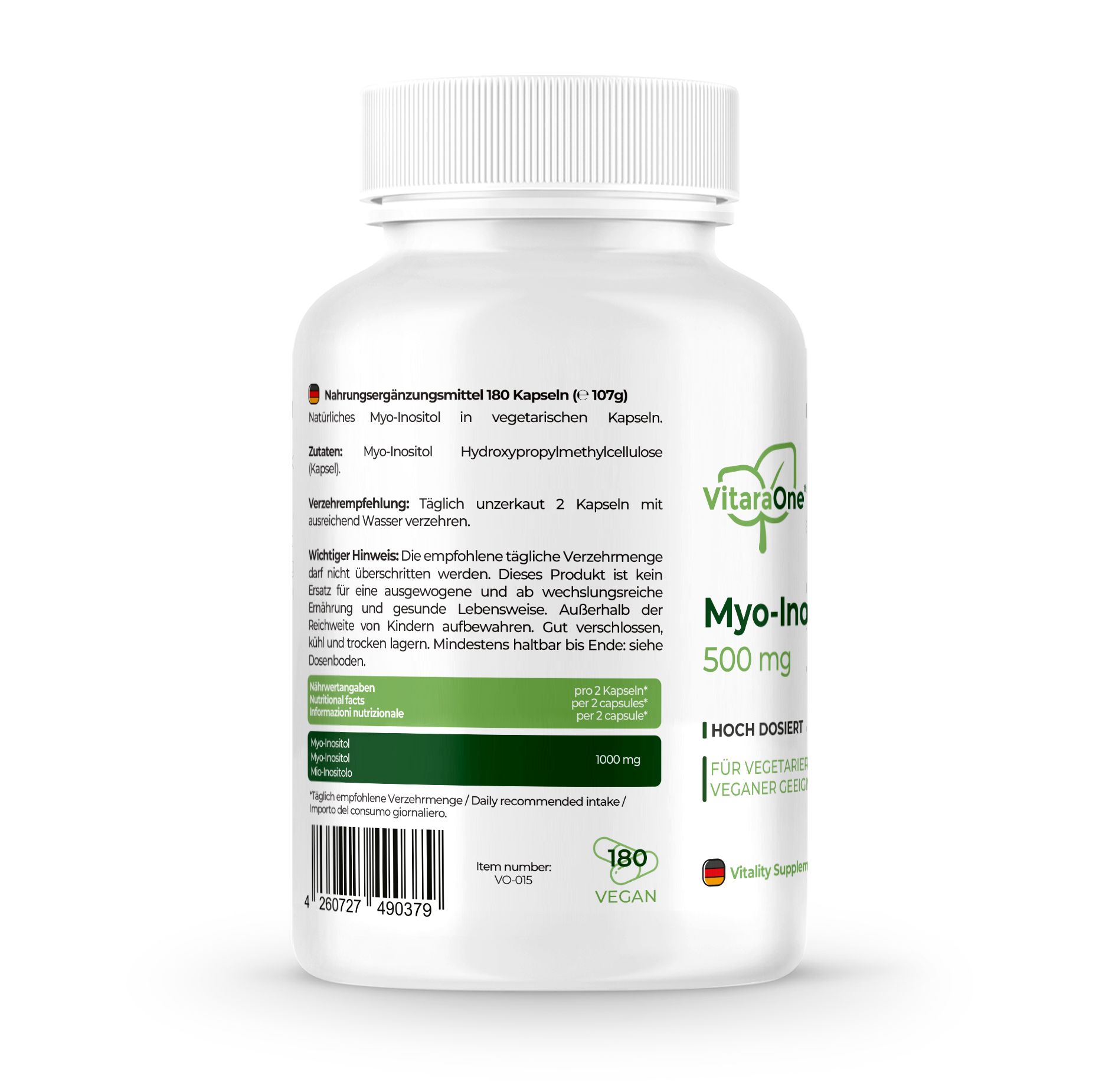 Rückseite der Flasche. Aufschrift: VitaraOne Myo-Inositol 500 mg. 180 Kapseln. Informationen zu Inhaltsstoffen und Dosierung.