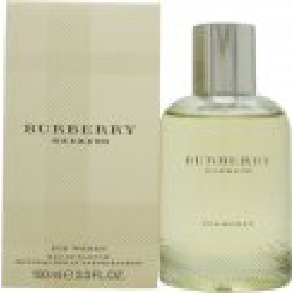 Parfümflasche und Schachtel. Flasche mit silbernem Deckel, Schriftzug Burberry Weekend. Schachtel mit Burberry-Muster und Schriftzug.