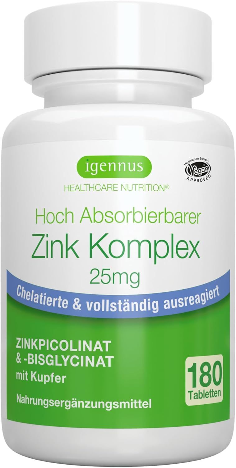 Weiße Flasche mit grünem Etikett. Text: Igennus, Zink Komplex 25mg, 180 Tabletten. Vegan-Siegel.