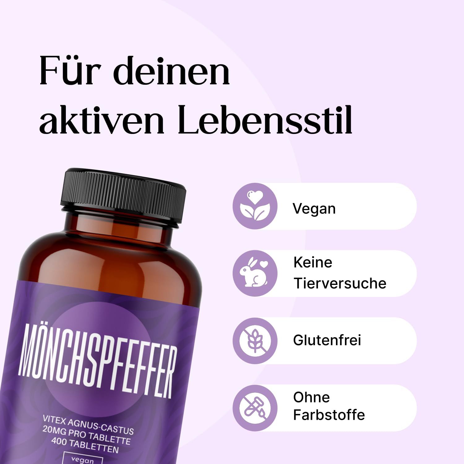 Braune Glasflasche mit lila Etikett. Symbole: Vegan, keine Tierversuche, glutenfrei, ohne Farbstoffe.
