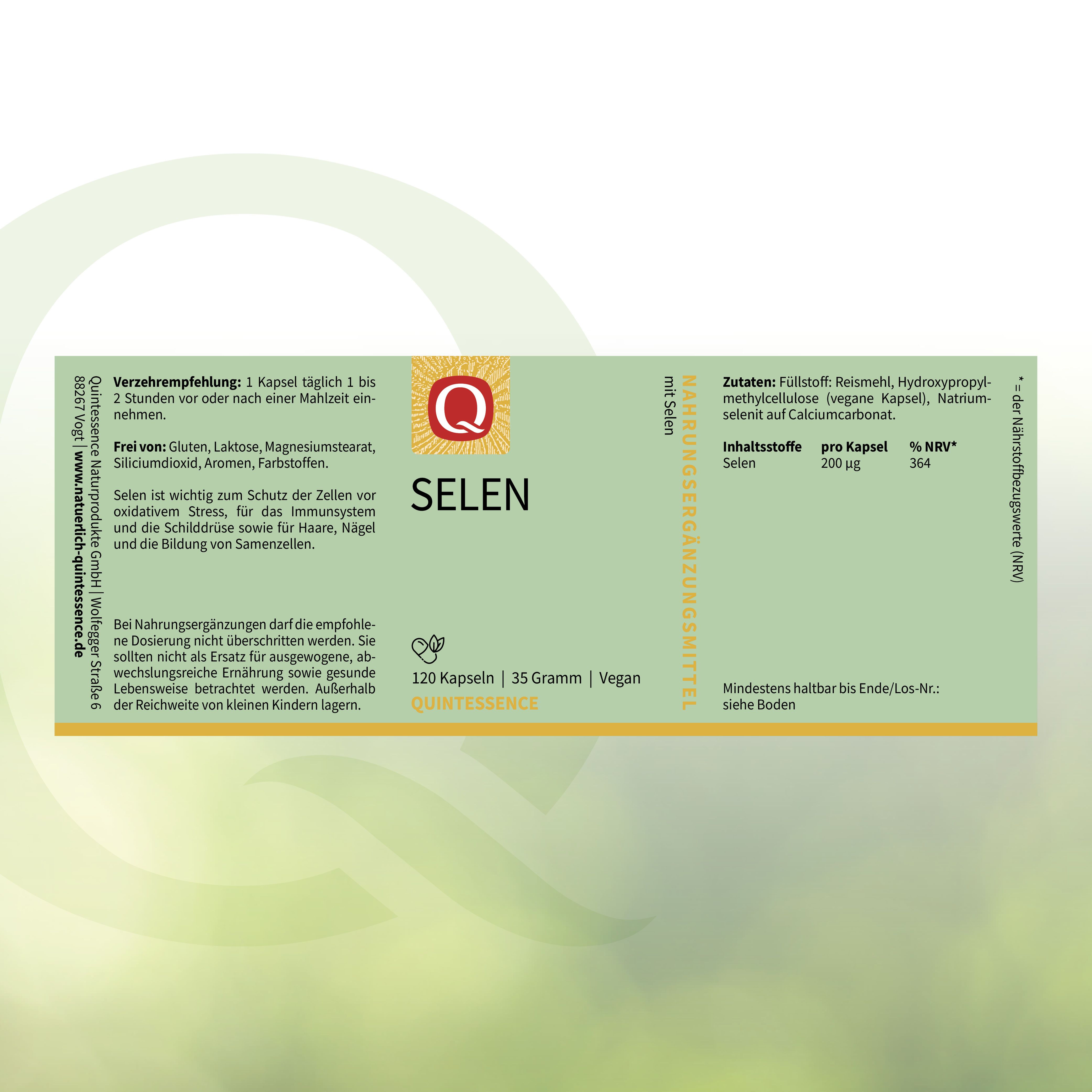 Etikett mit "SELEN" und "Quintessence" Schriftzug. 120 Kapseln, 35 Gramm, Vegan. Zutatenliste und Verzehrempfehlung.