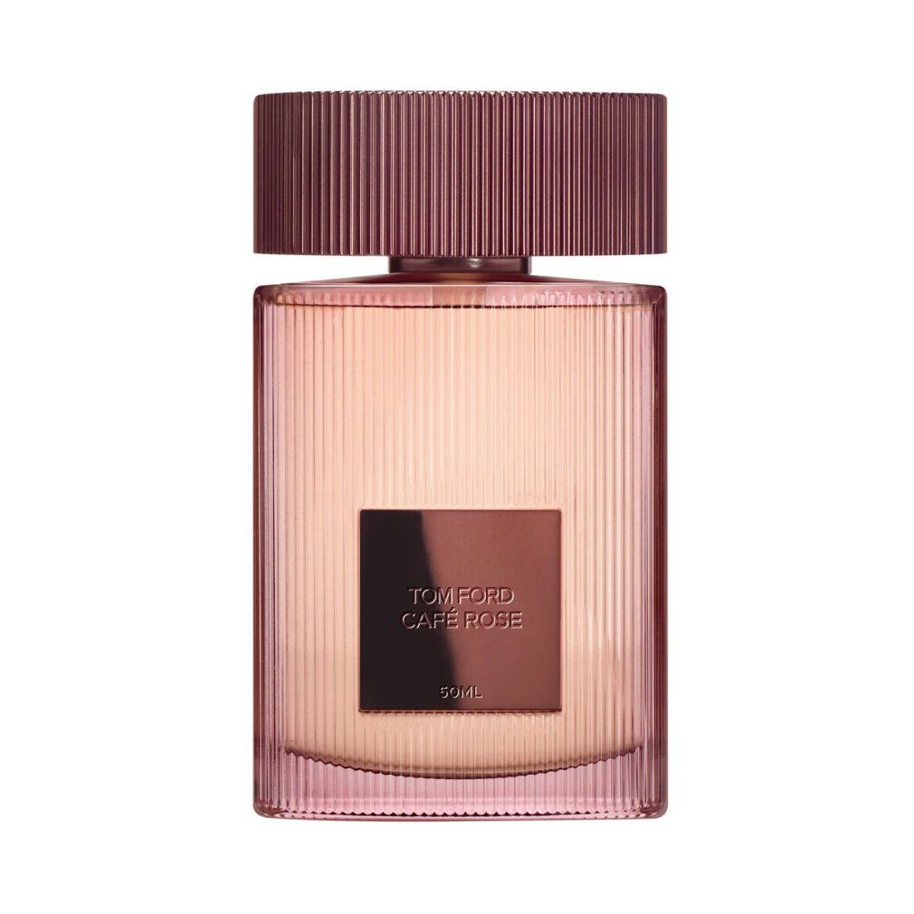 TOM FORD CAFE ROSE Flakon. Rechteckiger Flakon mit braunem Deckel und rechteckigem Etikett. Geriffelte Oberfläche.