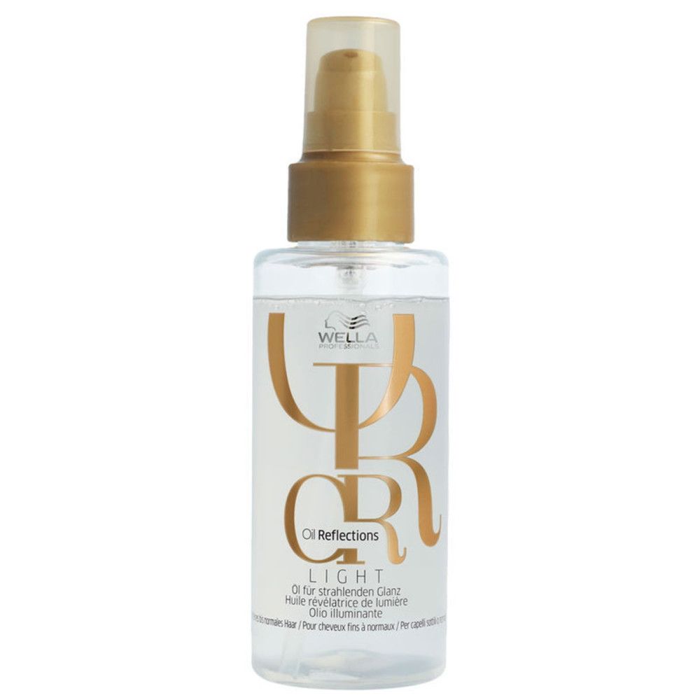 Transparente Flasche mit goldfarbenem Zerstäuber. Aufschrift: Wella Oil Reflections Light.