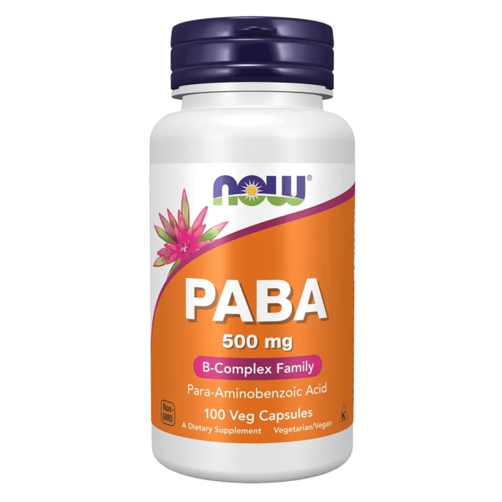 Flacone bianco, tappo viola. Etichetta arancione con testo: PABA 500 mg, famiglia B-complesso. Logo NOW.