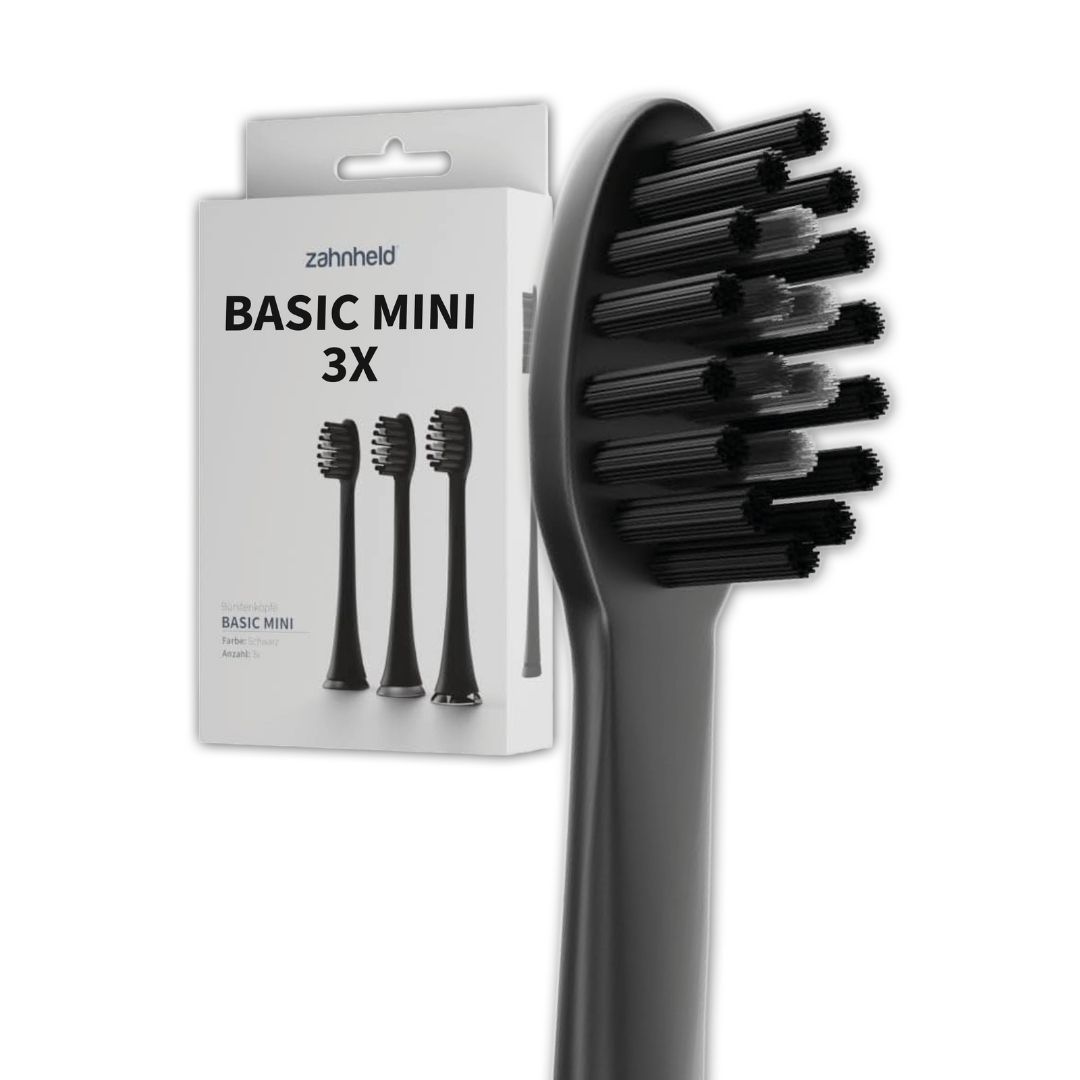 Drei schwarze Bürstenköpfe 'Basic Mini' von Zahnheld in Verpackung und Nahaufnahme.