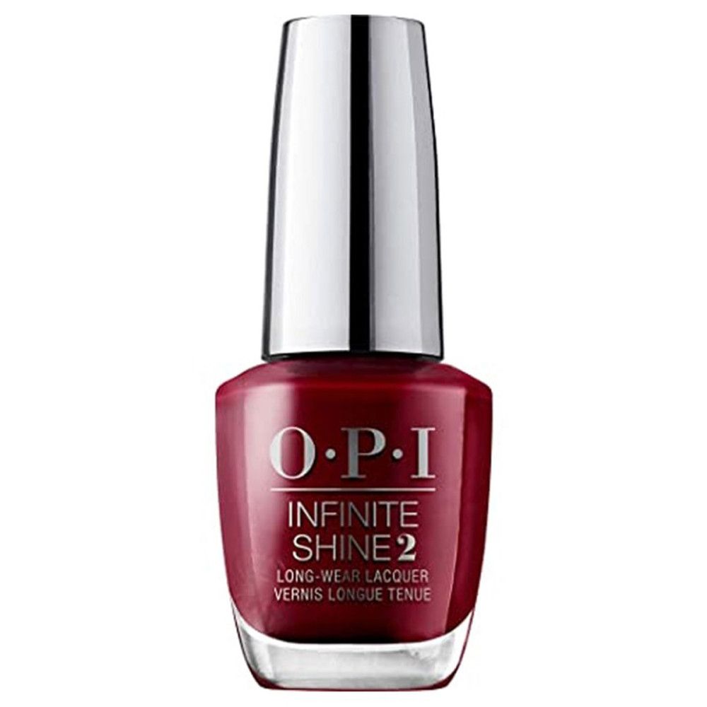 Nagellackflasche mit roter Farbe und silbernem Deckel. OPI Infinite Shine 2 Schriftzug.