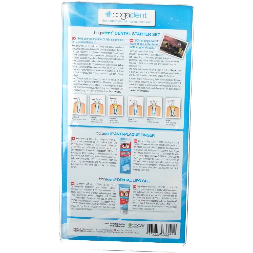 Verpackung des bogadent Dental Starter-Set Hund. Blaue Verpackung mit Produktinformationen und Illustrationen. Enthält Anti-Plaque Finger und Dental Lipo Gel.