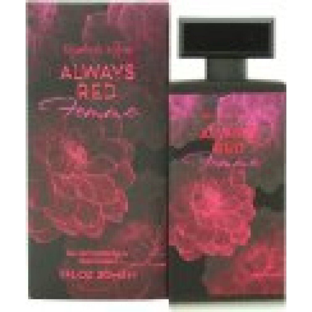 Schwarzer Flakon und Verpackung mit rotem Blumendesign. Text: Always Red Femme, Elizabeth Arden. Eau de Toilette Spray.