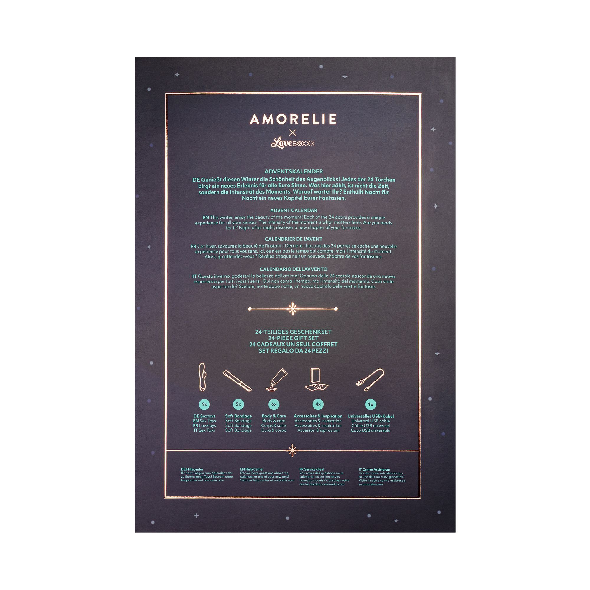 Rückseite des Adventskalenders. Text in mehreren Sprachen, darunter Deutsch, Englisch, Italienisch und Französisch.