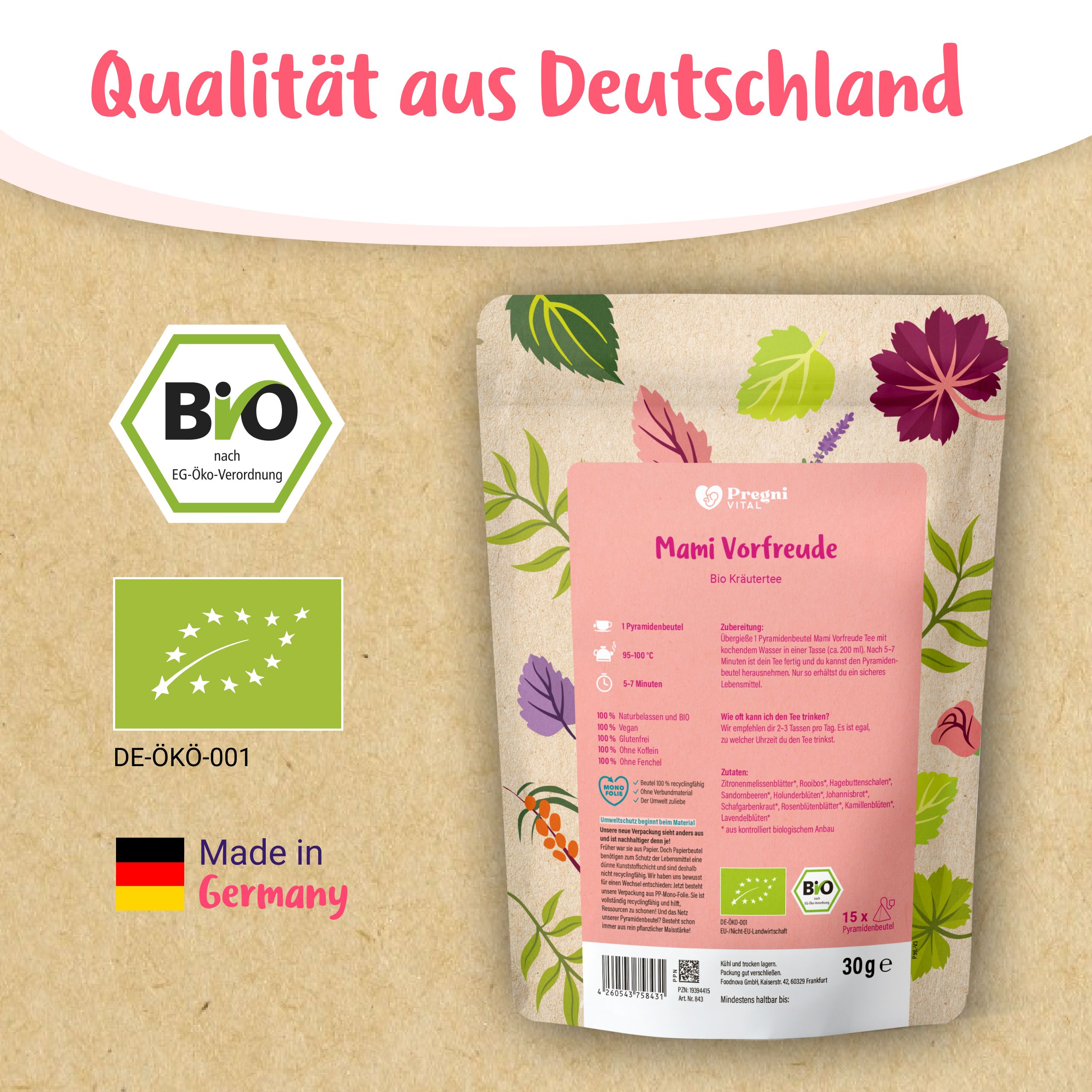 Packung Mami Vorfreude BIO Tee mit deutschen und BIO-Siegeln, Made in Germany.