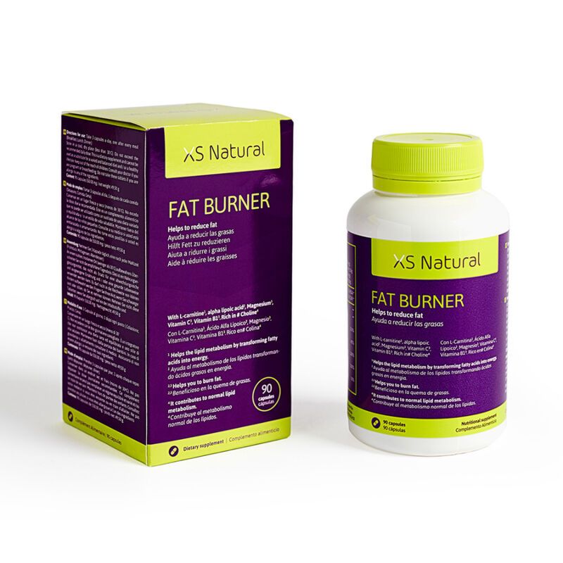 XS Natural Fatburner. Lila Schachtel und Flasche mit grünen Deckeln. Aufschrift: Fat Burner. 90 Kapseln.