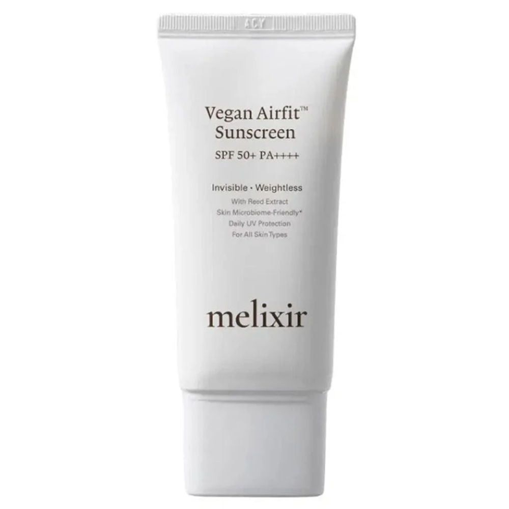 Weiße Tube mit Aufschrift 'Vegan Airfit Sunscreen SPF 50+ PA++++' und 'melixir'.