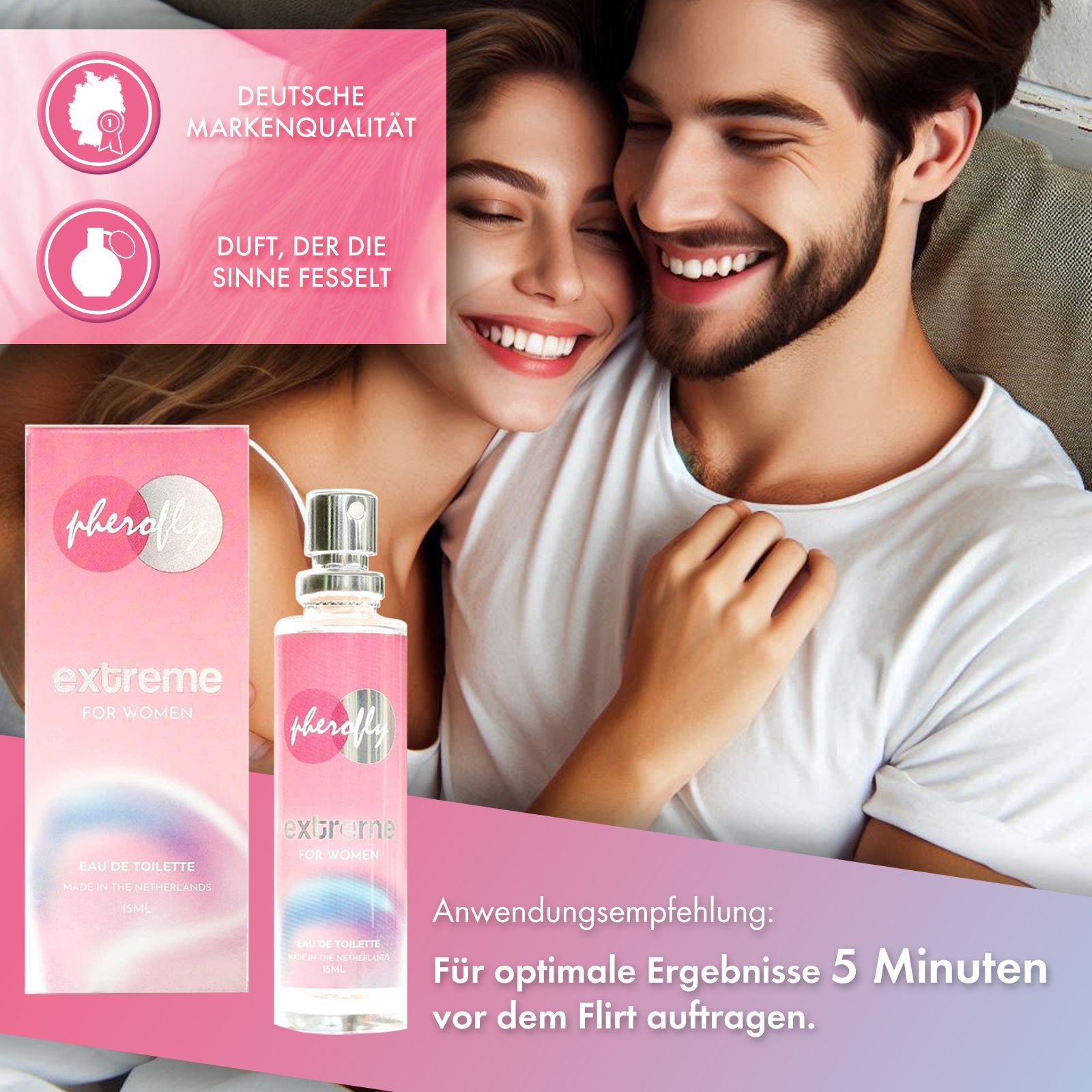 Pherofly Extreme für Frauen. Rosa Flakon und Verpackung. Produktabbildung mit Personen. Anwendungsempfehlung: 5 Minuten vor dem Auftragen.
