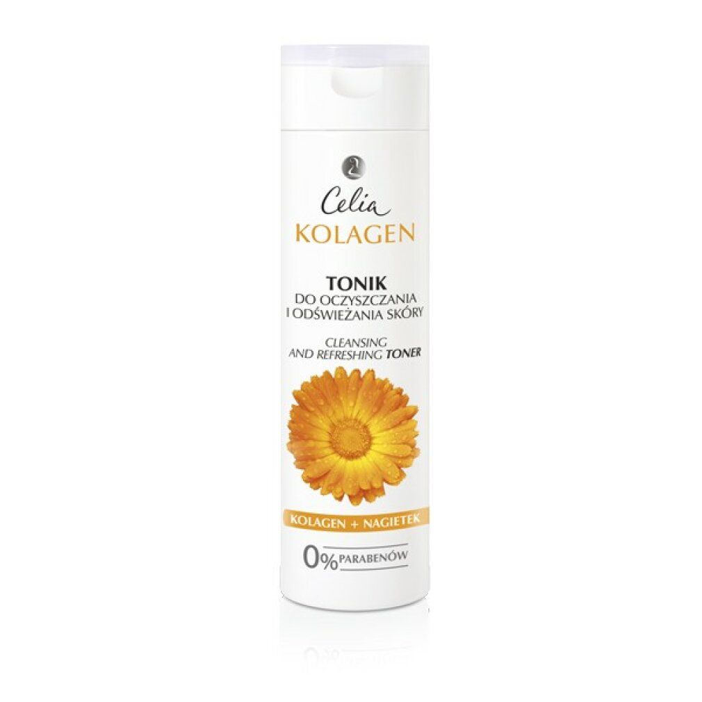 Weißes Tonikum mit Celia Kolagen-Logo und Blütenabbildung. Text: Tonik, Cleansing and Refreshing Toner. 0% Parabene.