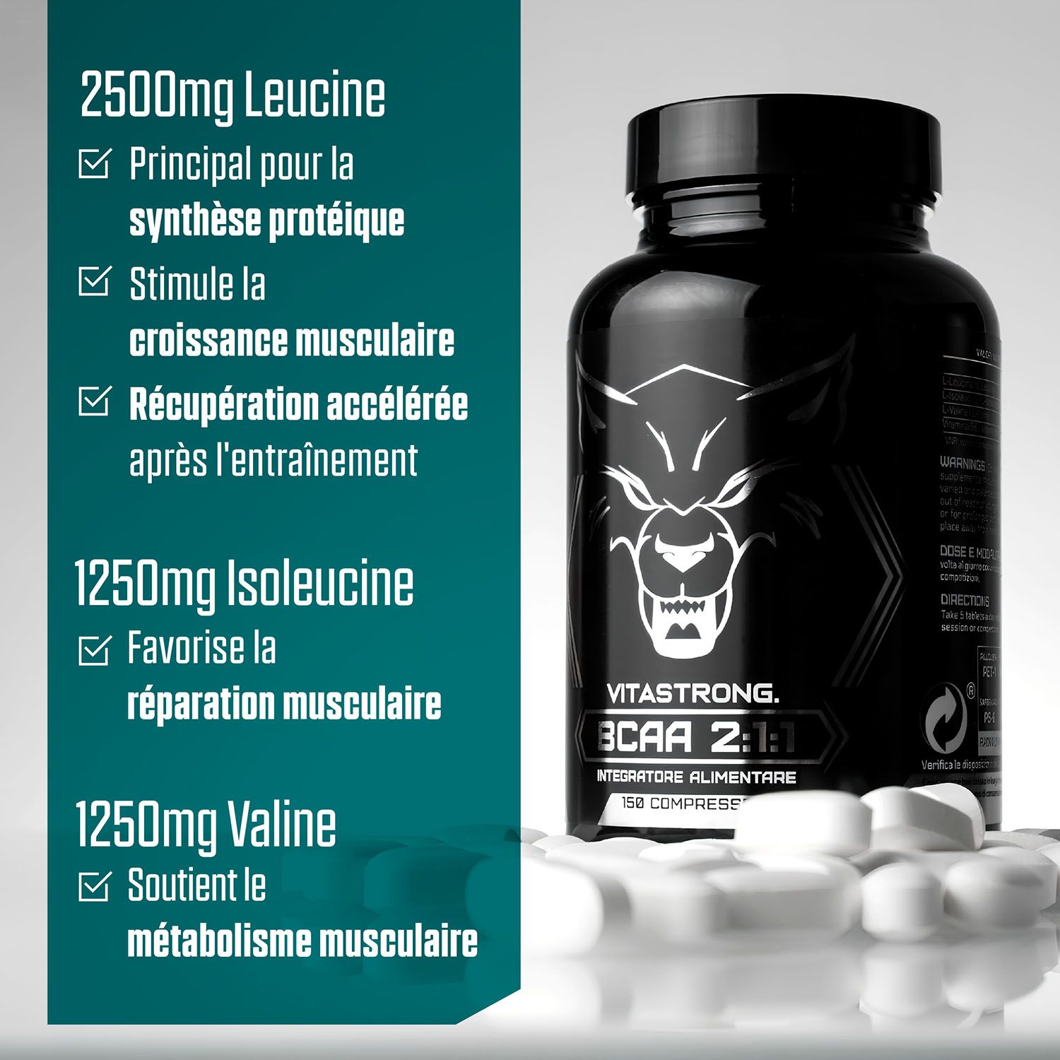 Flacon noir avec comprimés. Vitastrong BCAA 2:1:1. 150 comprimés. Inscription : 2500mg Leucine, 1250mg Isoleucine, 1250mg Valine.