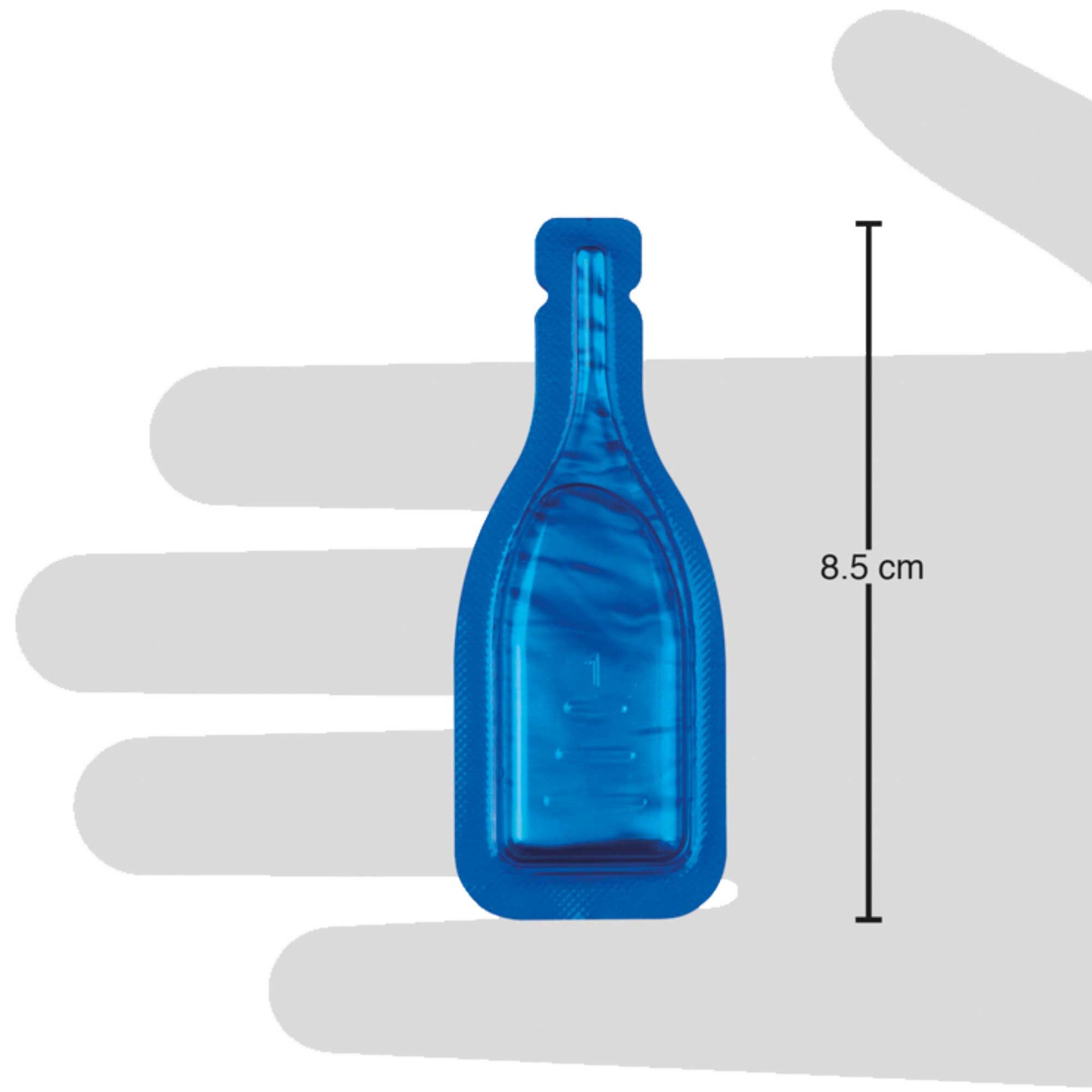 Blaue Spot-On-Dosis, flaschenförmig, 8,5 cm hoch. Auf weißem Hintergrund, in einer Hand gehalten.