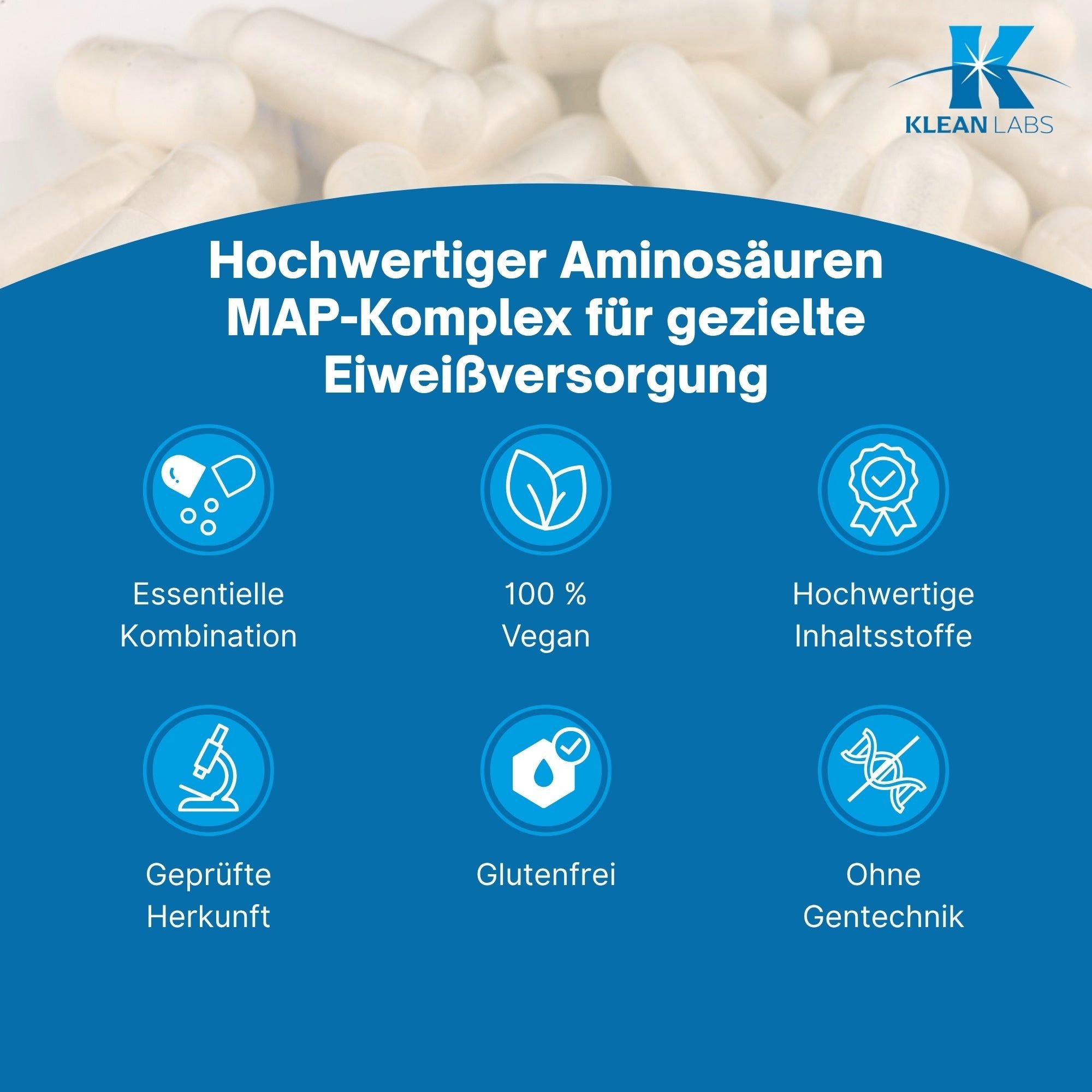 Hochwertiger Aminosäuren MAP-Komplex für Eiweißversorgung. 100% Vegan, Glutenfrei, Ohne Gentechnik.