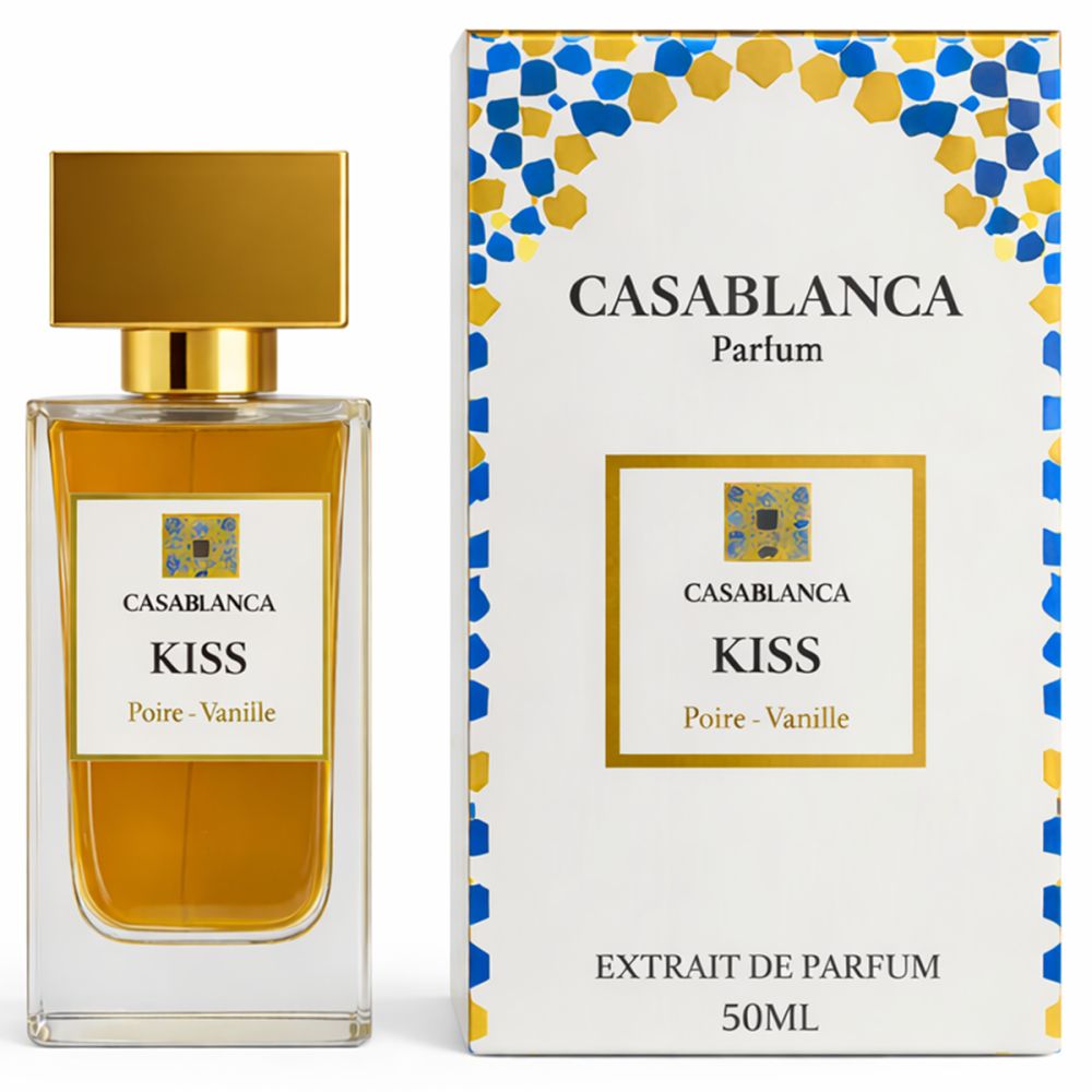 Parfümflakon neben Verpackung. Flakon mit goldfarbenem Verschluss. Verpackung mit "CASABLANCA KISS" und "Extrait de Parfum".