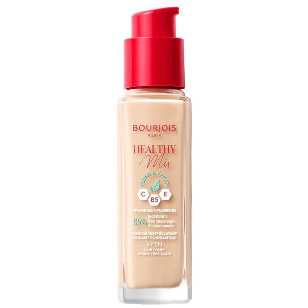 Bourjois Healthy Mix Foundation-Flakon. Beige Flüssigkeit, roter Pumpdeckel. Text auf dem Etikett.