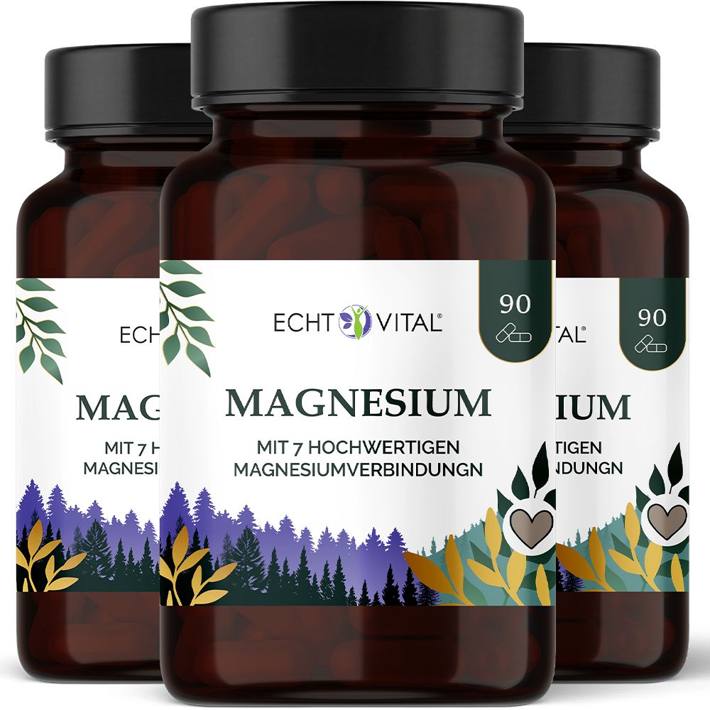 Drei Flaschen Echt Vital Magnesium Komplex mit 7 Magnesiumverbindungen, jeweils 90 Kapseln.