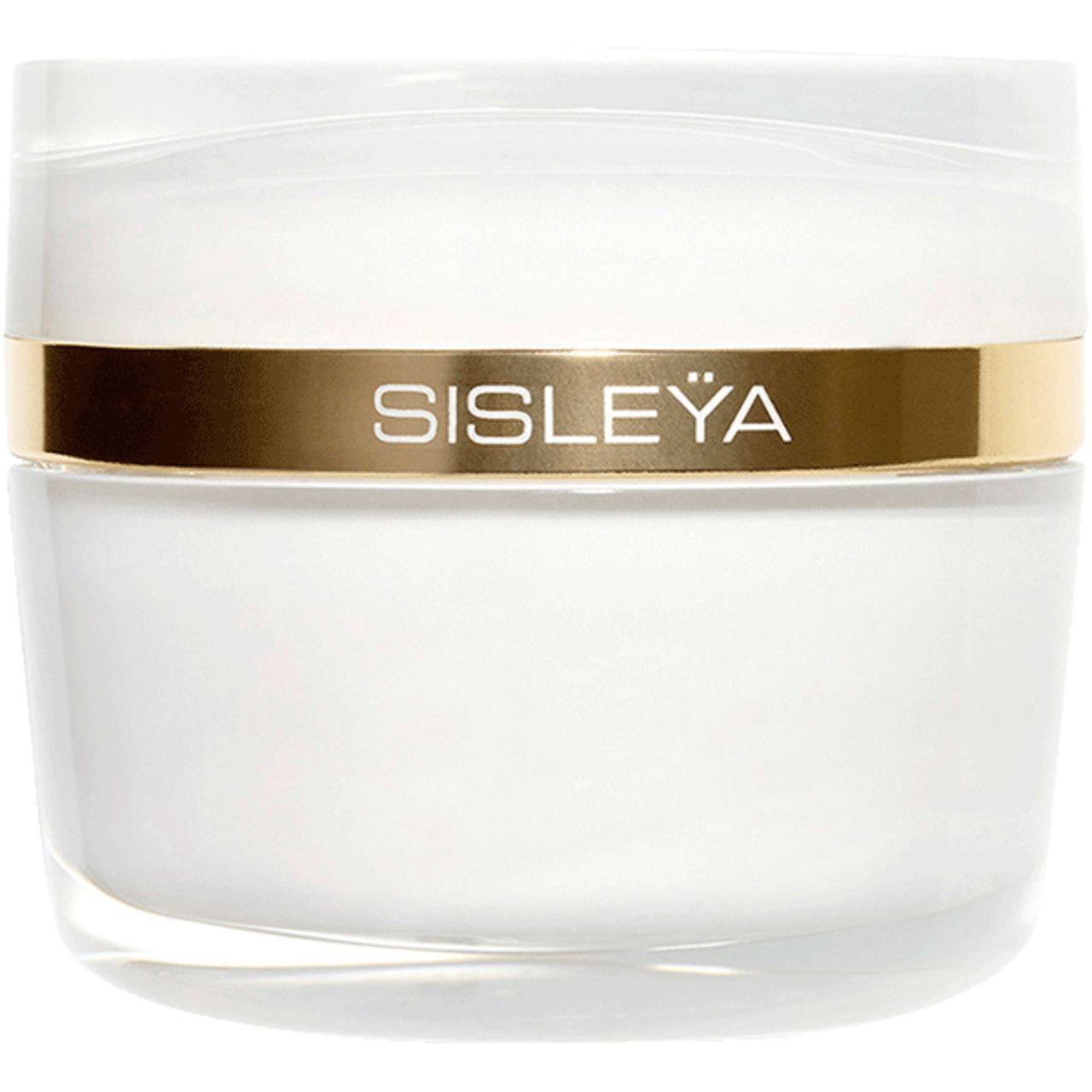 Creme-Tiegel mit goldfarbenem Band und Schriftzug SISLEYA. Weißes Produkt in einem transparenten Behälter.