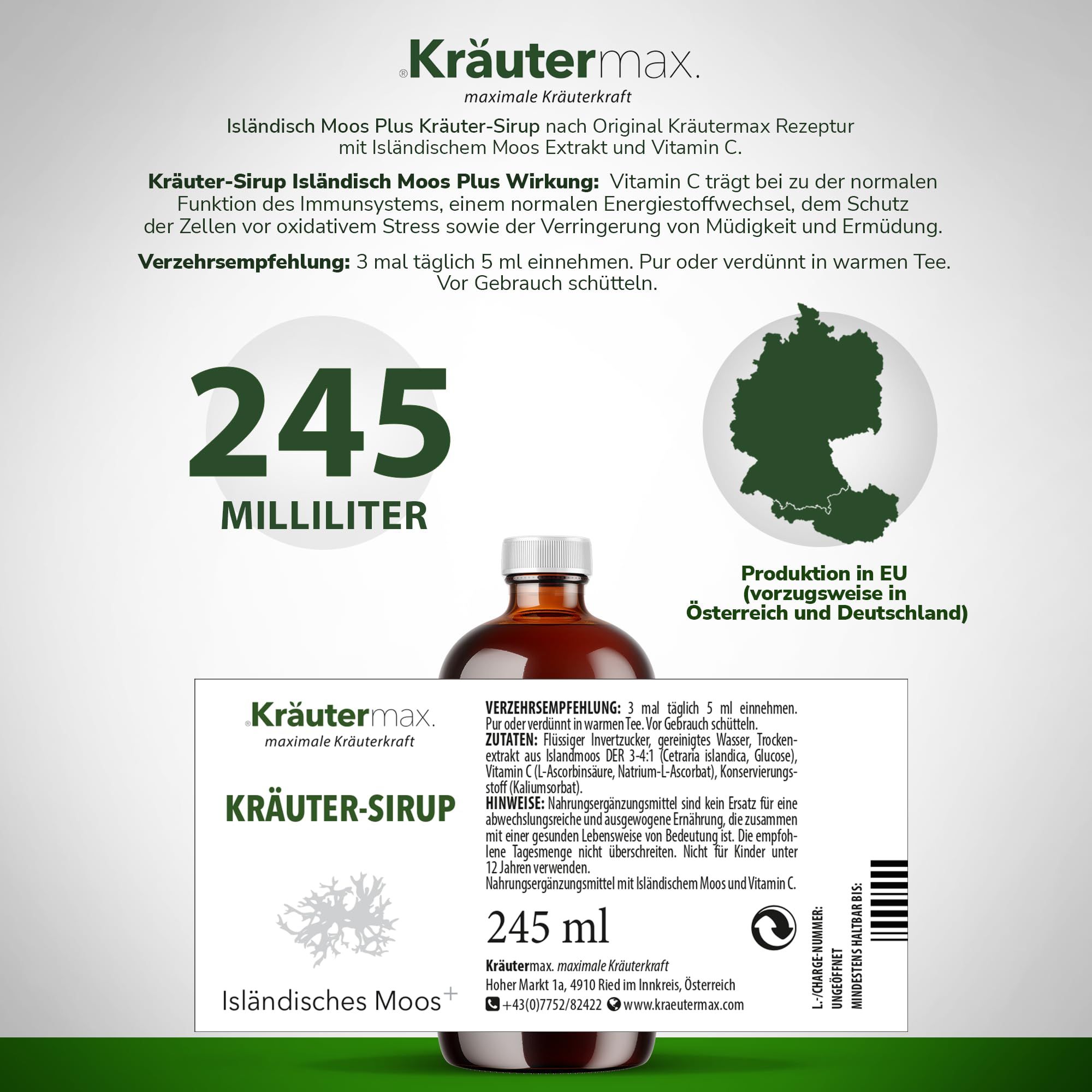 Braune Flasche Kräuter-Sirup mit Etikett und Text. 245 ml. Text mit Inhaltsstoffen und Verzehrempfehlung. Karte von Deutschland.